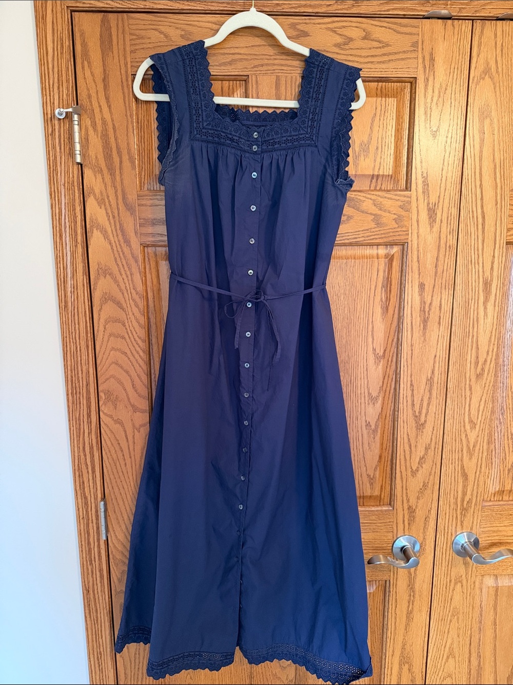 Doen Navy Sleeveless Button-Front Midi Dress with Lace Yoke